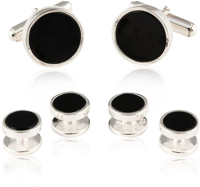 Men's Onyx Sterling Silver Tuxedo Cufflinks & Studs Formal Set for Wedding Solid 925 Includes Travel Gift Box - Image 8