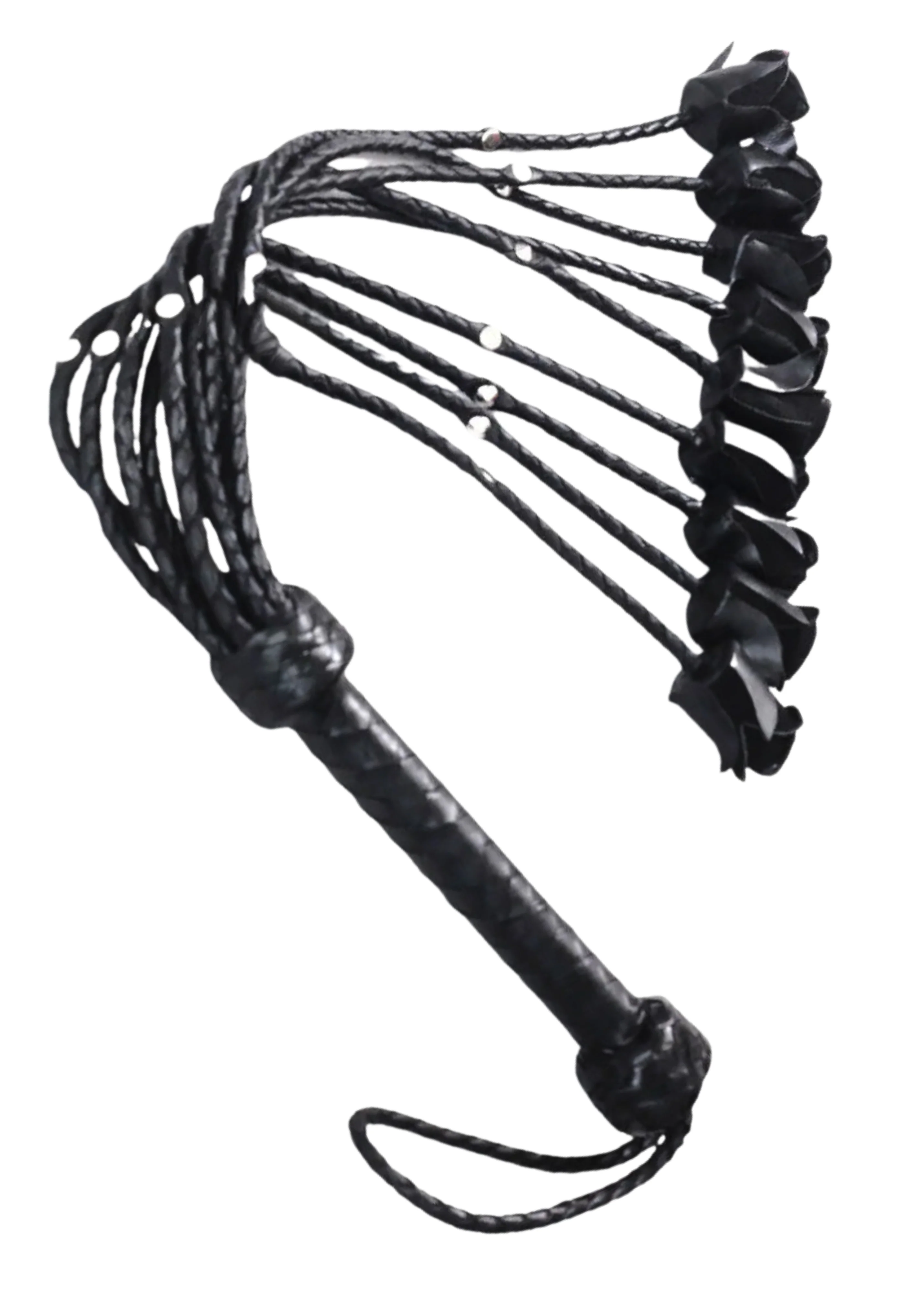 Heavy Black Rose Leather Flogger | 9 Braided Falls & Steel Studs Cat-o-nine Tails - Image 3