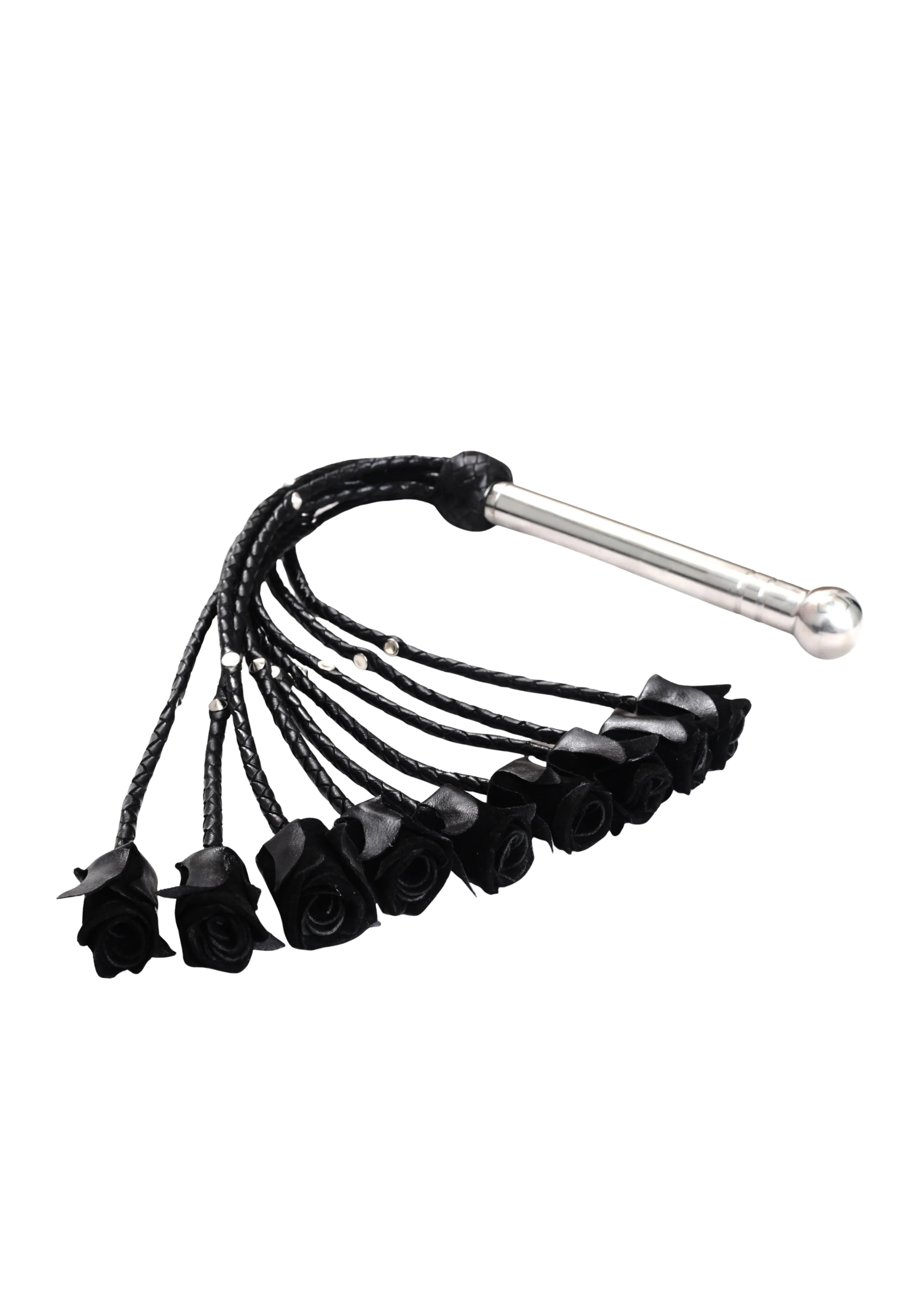 Black Rose Leather Flogger | 9 Braided Falls with Steel Studs and Handle - Image 3